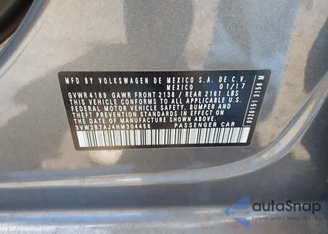 2017 Volkswagen Jetta 1.4T S из США, поврежденный, VIN 3VW2B7AJ4HM304456